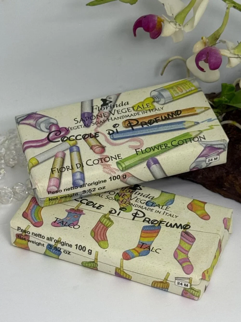 2x Florinda Vegetable Perfumed Bath Soap - Talc & Flower Cotton - 3.52 oz - New